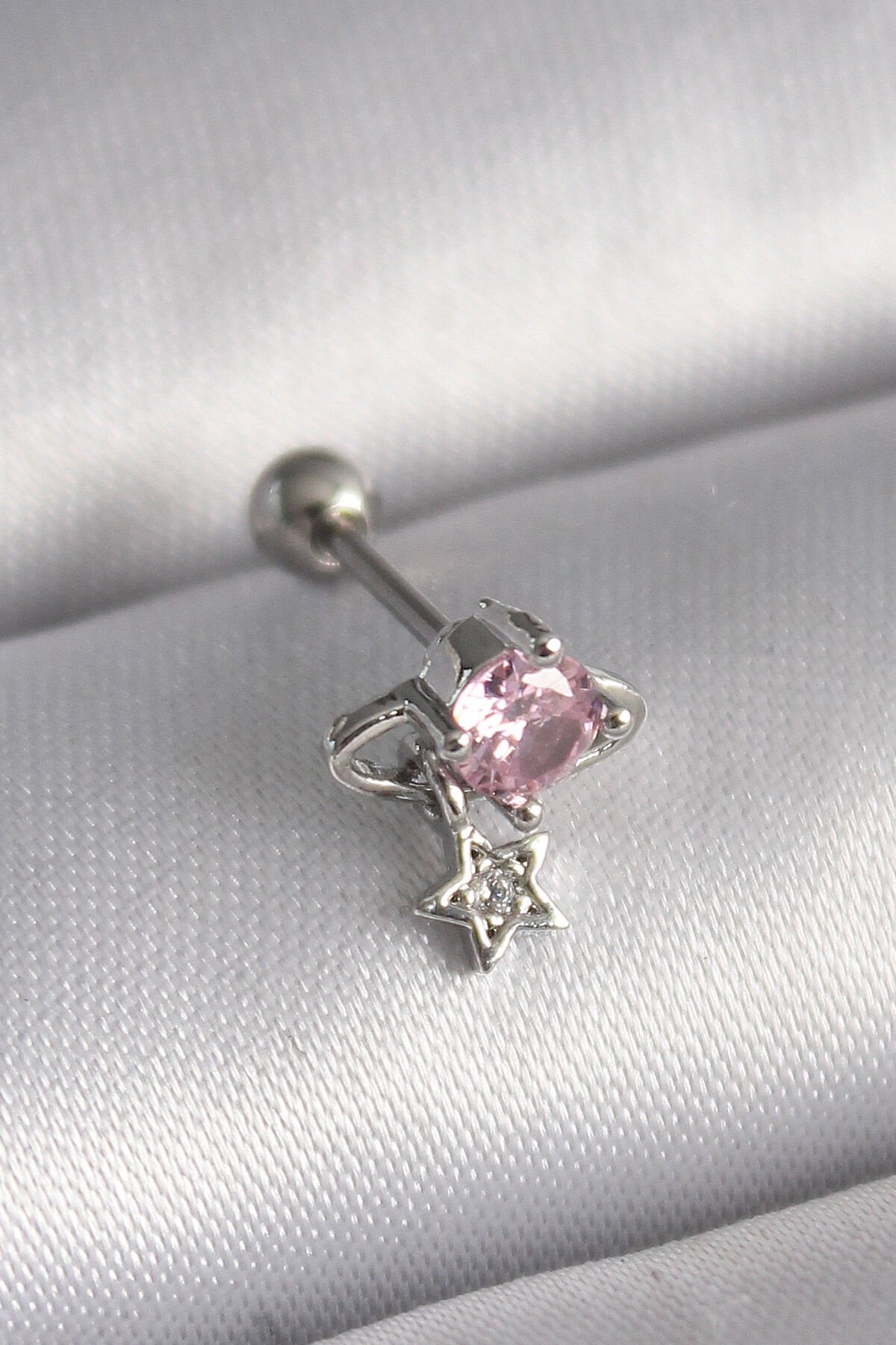 316L Çelik Gümüş Renk Pembe Zirkon Taşlı Sallantı Yıldız Detay Tragus Piercing - Lisinya