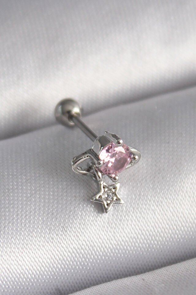 316L Çelik Gümüş Renk Pembe Zirkon Taşlı Sallantı Yıldız Detay Tragus Piercing - Lisinya