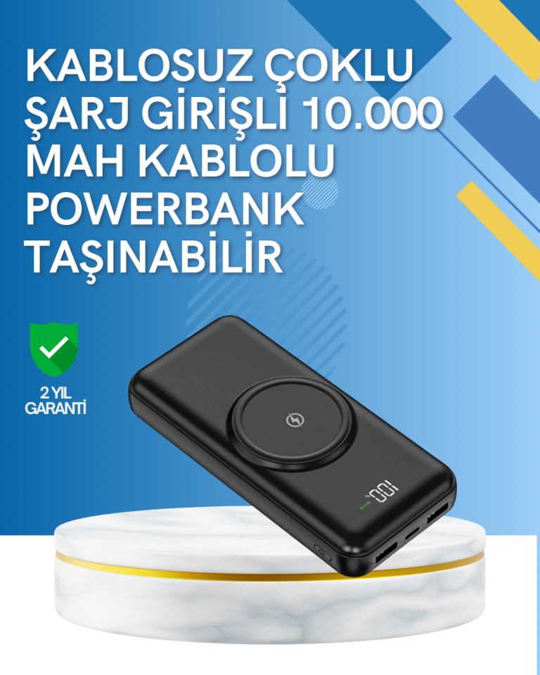 YamanHobi 10000 mAh Kablosuz Powerbank 22.5W Hızlı Şarjlı LED Göstergeli Siyah