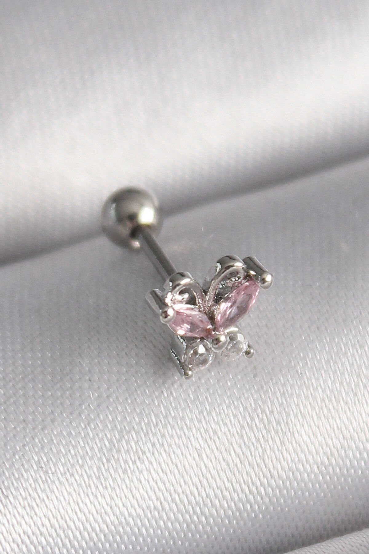 316L Çelik Gümüş Renk Pembe Zirkon Taşlı Kelebek Tragus Piercing - Lisinya