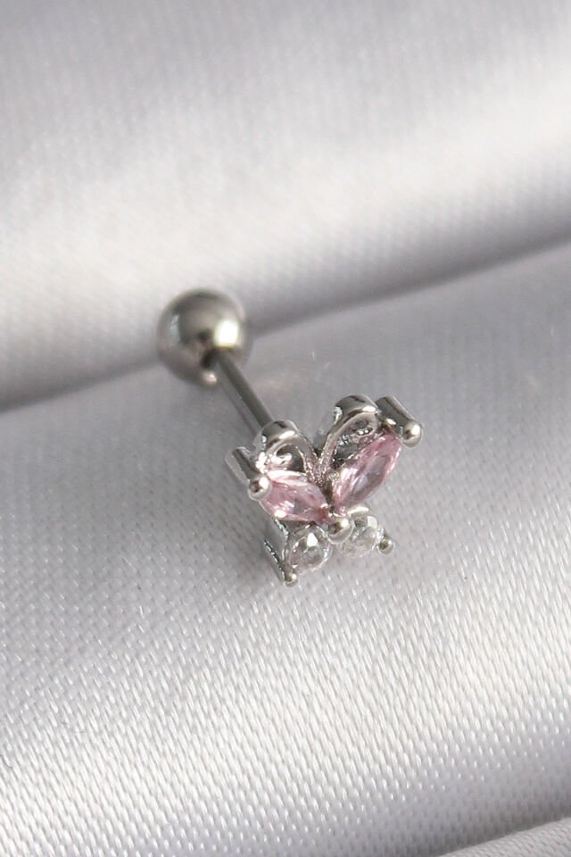316L Çelik Gümüş Renk Pembe Zirkon Taşlı Kelebek Tragus Piercing - Lisinya