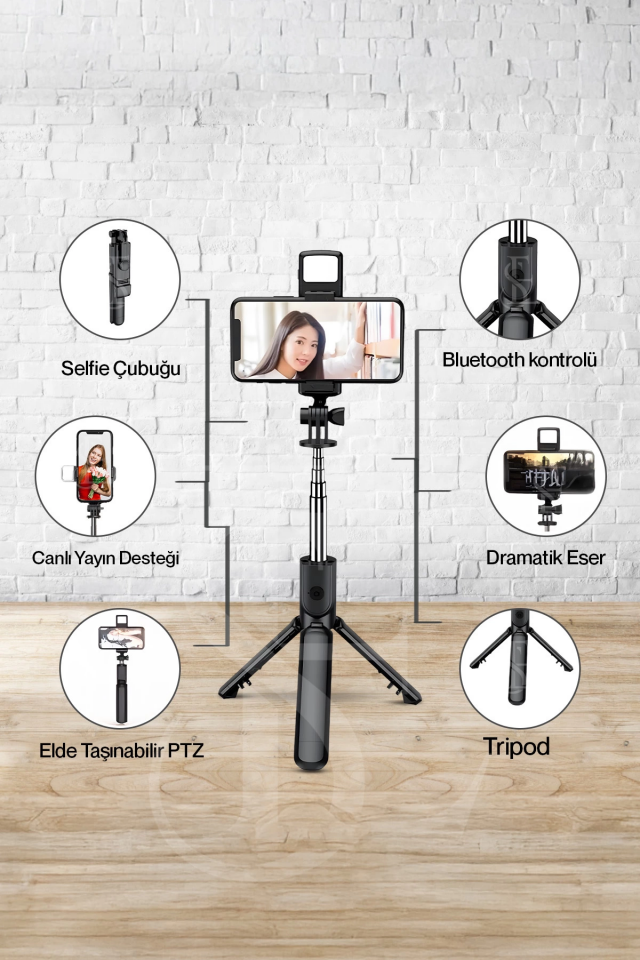 Led Işıklı Selfie Çubuğu Bluetooth Kumandalı Kablosuz Tripot Selfie Monopod Selfie Stick ( Lisinya )