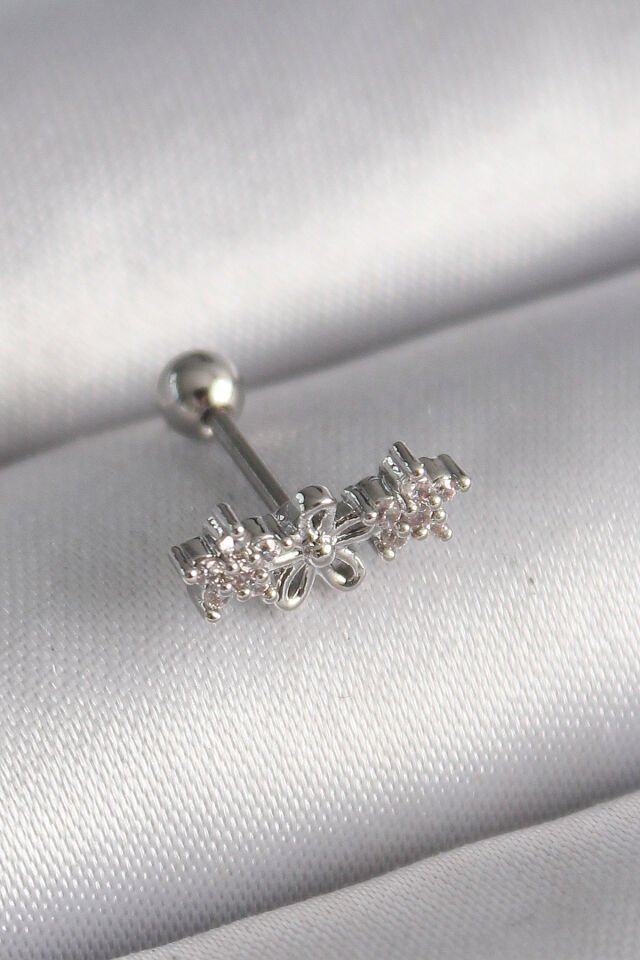 316L Çelik Gümüş Renk Zirkon Taşlı Çiçek Tragus Piercing - Lisinya