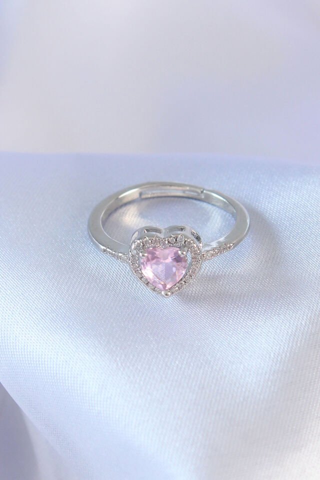 Gümüş Renk Pembe Zirkon Taşlı Kalp Charm Model Pirinç Kadın Yüzük - Lisinya