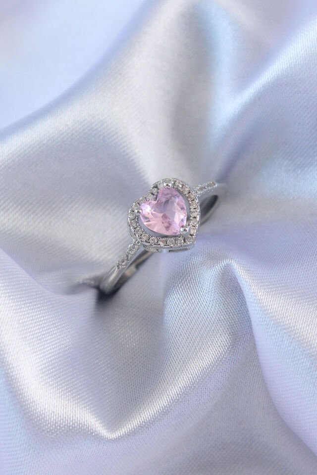 Gümüş Renk Pembe Zirkon Taşlı Kalp Charm Model Pirinç Kadın Yüzük - Lisinya