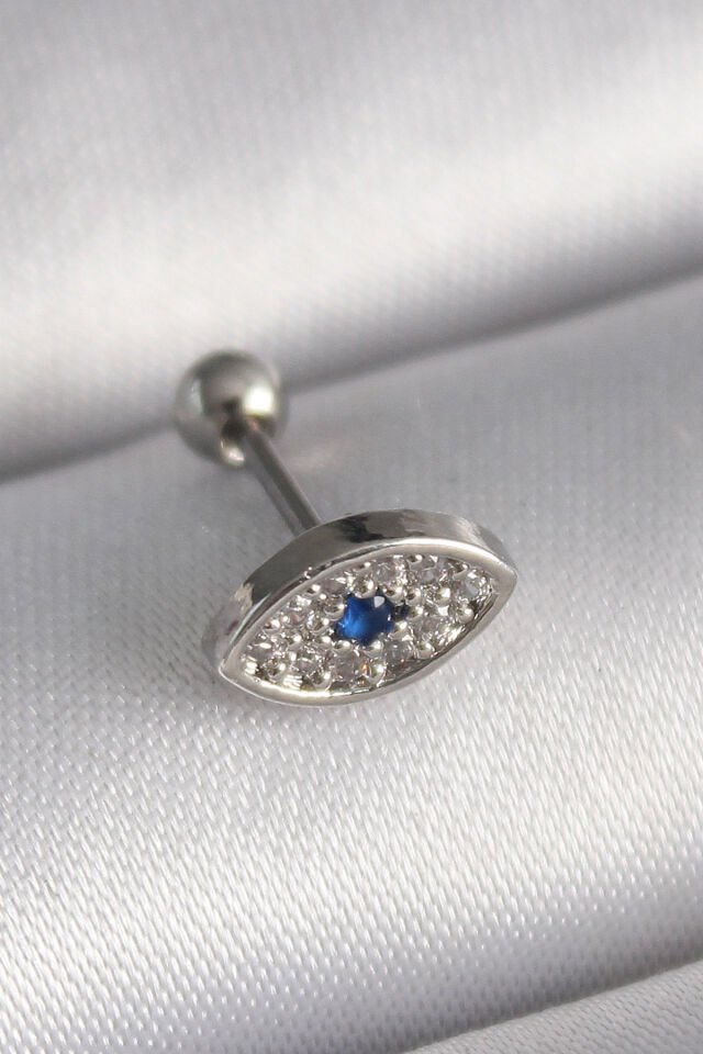 316L Çelik Gümüş Renk Zirkon Taşlı Göz Tragus Piercing - Lisinya