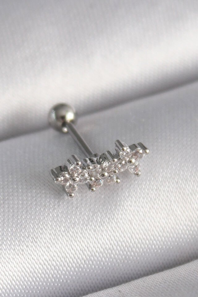 316L Çelik Gümüş Renk Zirkon Taşlı Yonca Tragus Piercing - Lisinya