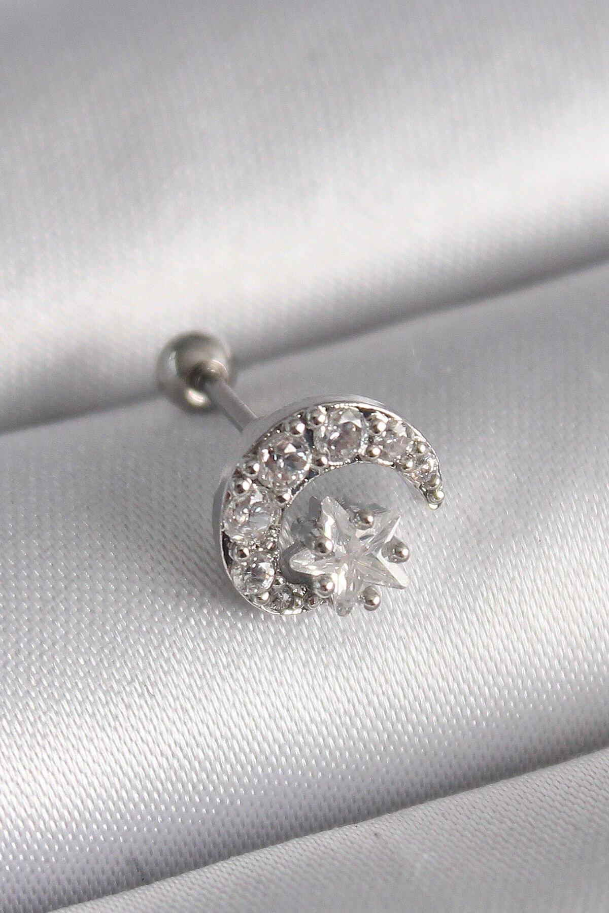 316L Çelik Gümüş Renk Zirkon Taşlı Ay Yıldız Tragus Piercing - Lisinya