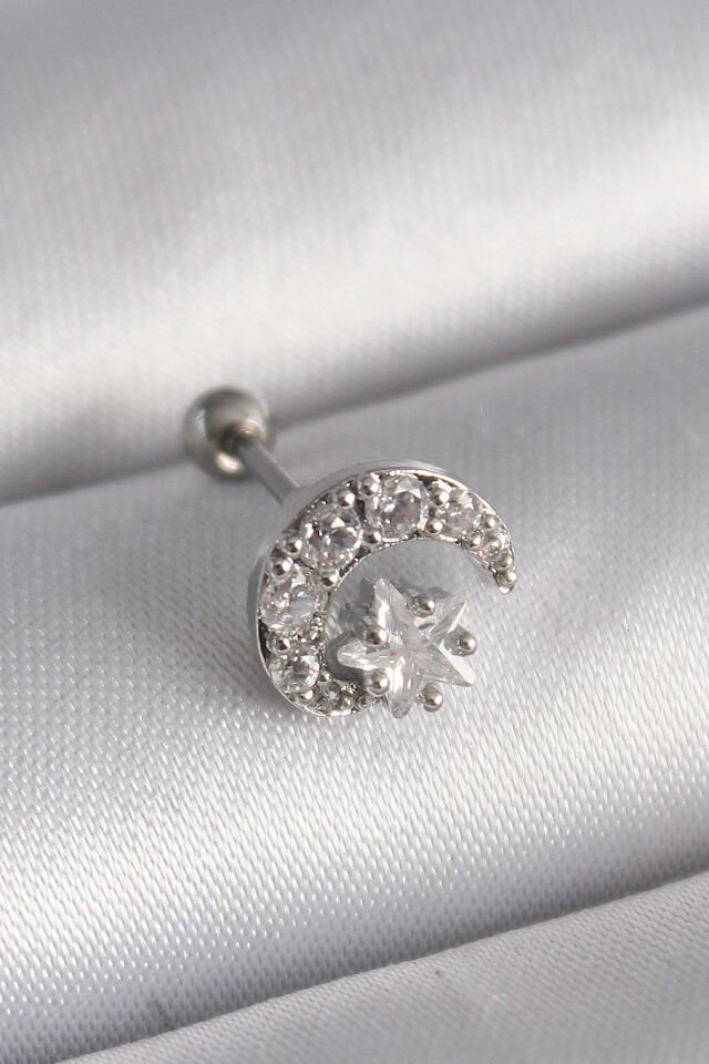 316L Çelik Gümüş Renk Zirkon Taşlı Ay Yıldız Tragus Piercing - Lisinya