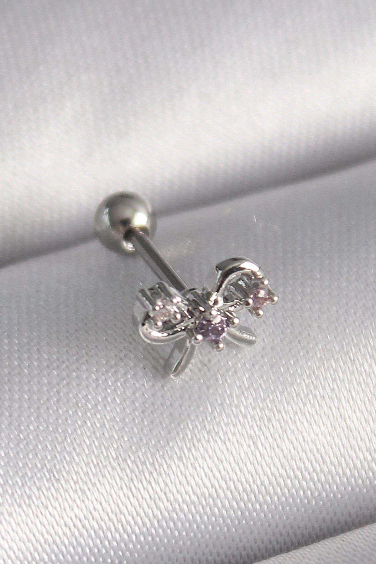 316L Çelik Gümüş Renk Zirkon Taşlı Kurdele Tragus Piercing - Lisinya