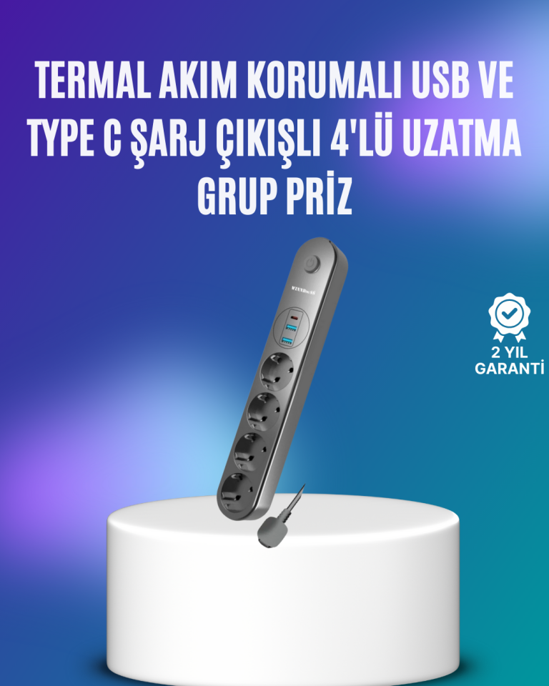4’lü Çoklu Priz 2 USB Type-C Girişli Akım Korumalı Siyah - Lisinya