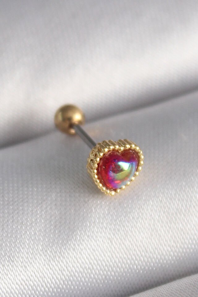 316L Çelik Gold Renk Kırmızı Mineli Kalp Tragus Piercing - Lisinya