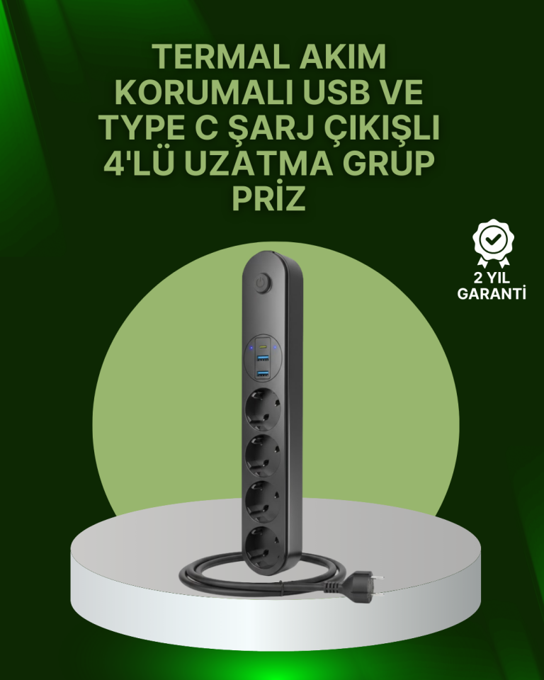 4 Priz 2 USB 1 Type-C Akım Korumalı Çoklu Priz Led Anahtarlı - Lisinya