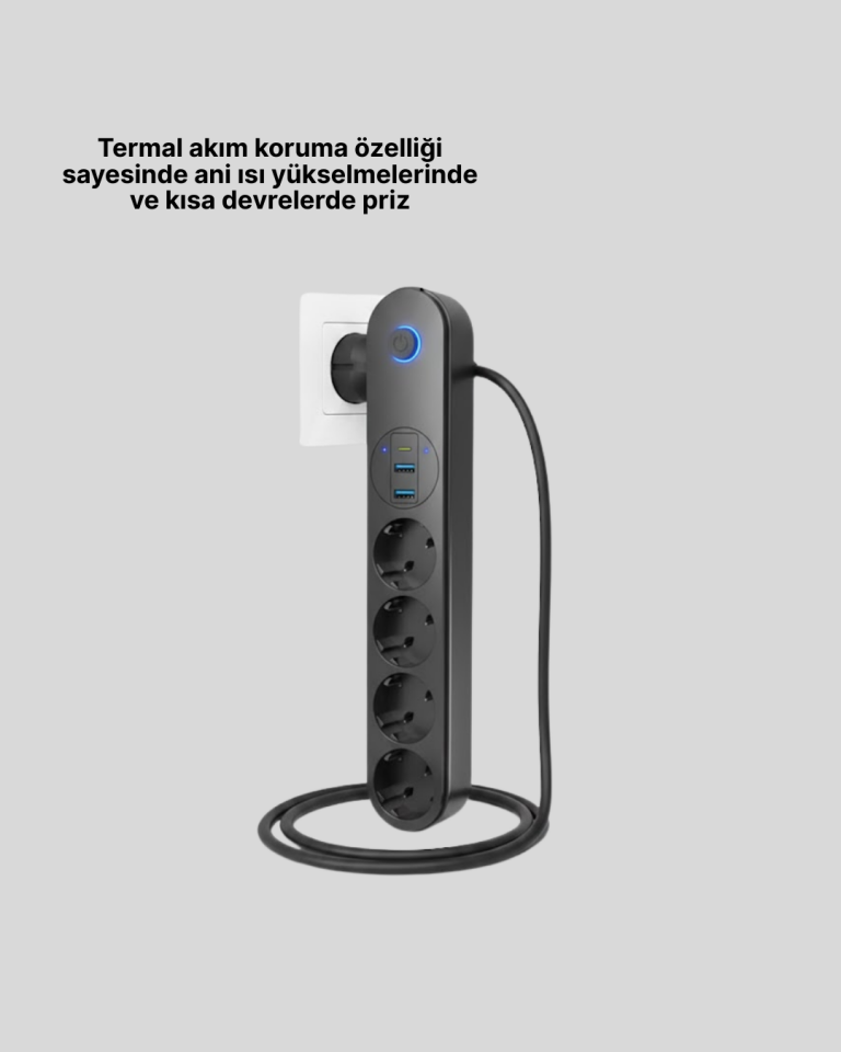 4 Priz 2 USB 1 Type-C Akım Korumalı Çoklu Priz Led Anahtarlı - Lisinya