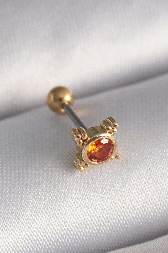 316L Çelik Gold Renk Turuncu Zirkon Taşlı Tragus Piercing - Lisinya