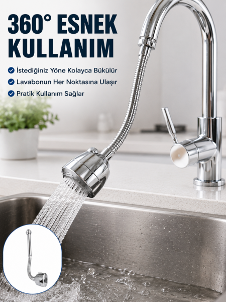 Krom Musluk Uzatma Aparatı  360° Dönebilen Su Tasarruflu Lavabo Fıskiyesi - Lisinya
