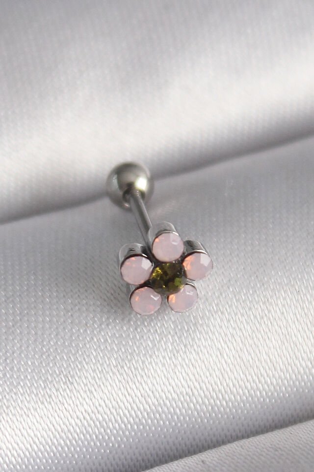 316L Çelik Gümüş Renk Zirkon Taşlı Çiçek Tragus Piercing - Lisinya