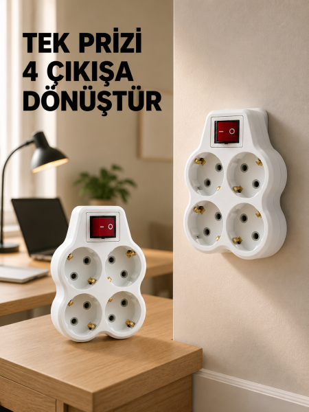 Anahtarlı 4’lü Priz Adaptörü Direkt Duvar Prizine Takılan Priz Çoklayıcı 2’li Set - Lisinya