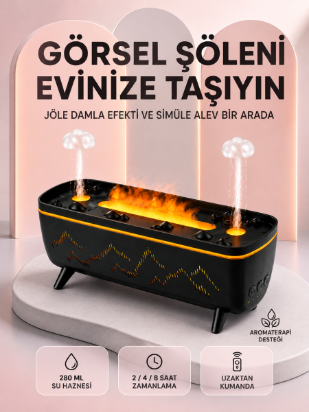 Dekoratif Siyah Hava Nemlendirici Jöle Damla ve Alev Efektli LED Işıklı Aroma Difüzörü