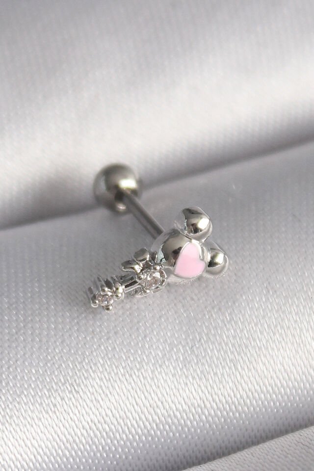 316L Çelik Gümüş Renk Zirkon Taş Detay Pembe Kalp İşleme Tragus Piercing - Lisinya