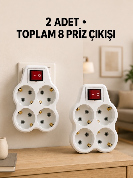 4’lü Priz Çoğaltıcı 2 Adet Set Kablosuz Duvar Tipi Anahtarlı Priz Çoklayıcı - Lisinya