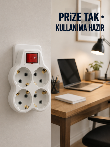 Duvar Priz Çoğaltıcı 4 Çıkışlı Açma Kapama Düğmeli Kablosuz Priz Adaptörü - Lisinya