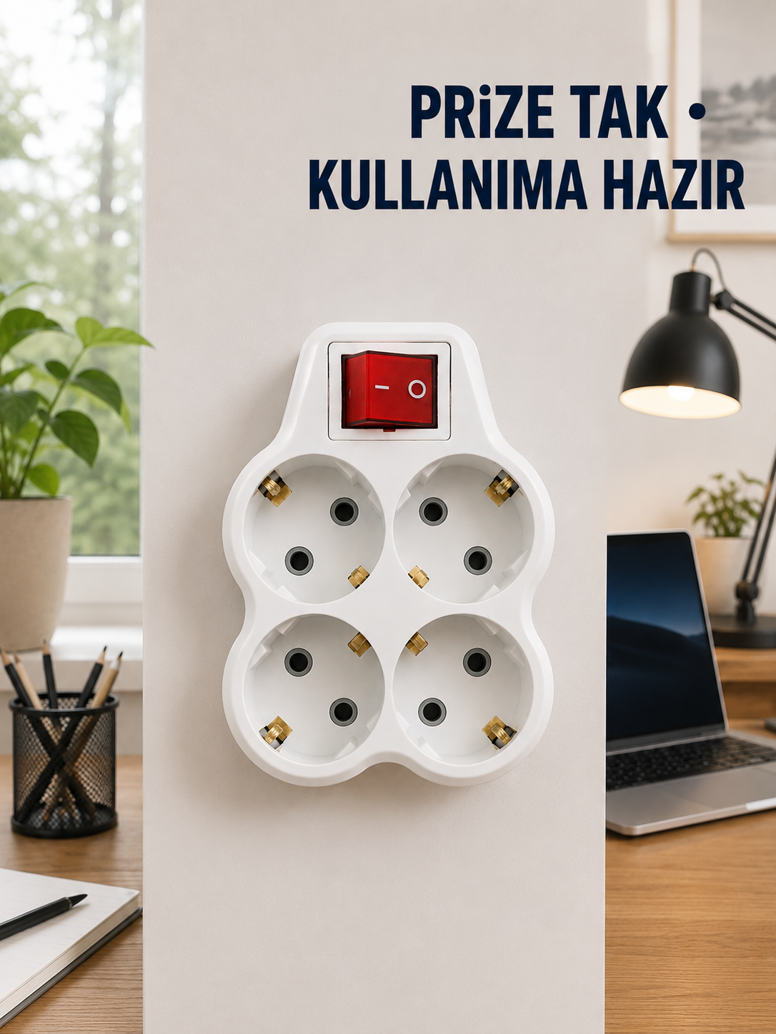 Anahtarlı 4’lü Priz Adaptörü Direkt Prize Takılan Kompakt Priz Çoklayıcı - Lisinya