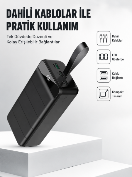 50.000 mAh Kapasiteli Powerbank – Hızlı Şarj Destekli, 4 USB Portlu, LED Işıklı Taşınabilir Enerji Deposu - Lisinya