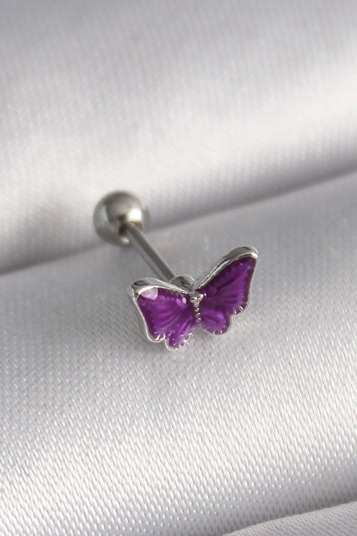 316L Çelik Gümüş Renk Mor Kelebek Model Tragus Piercing - Lisinya