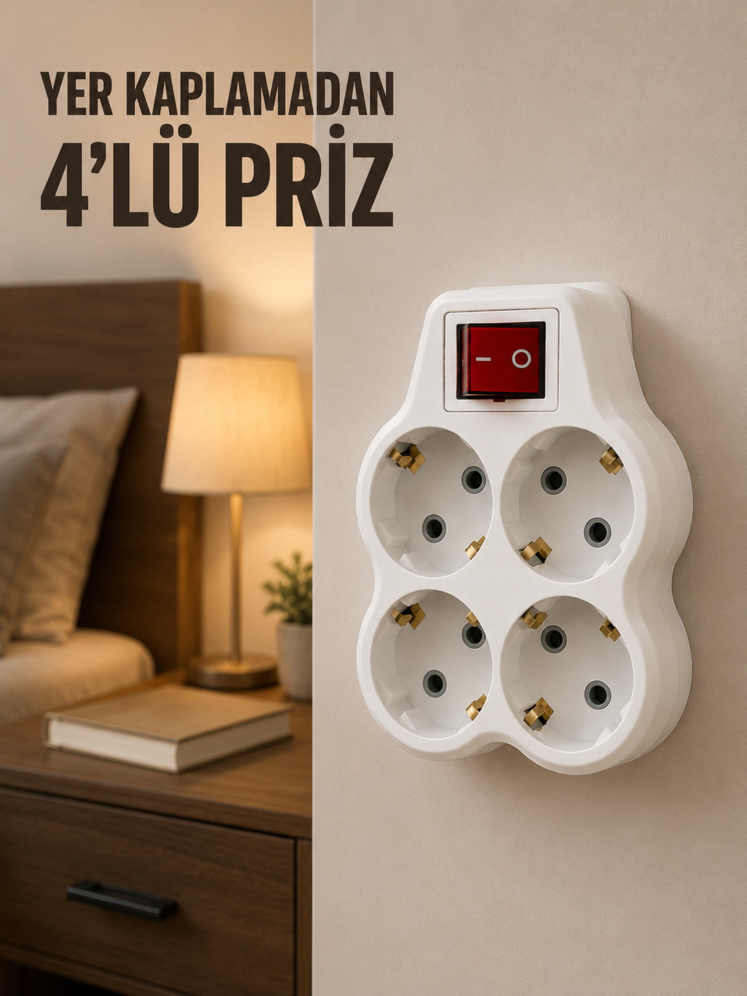 4’lü Priz Çoğaltıcı Açma Kapama Anahtarlı Kablosuz Duvar Tipi Priz Adaptörü - Lisinya