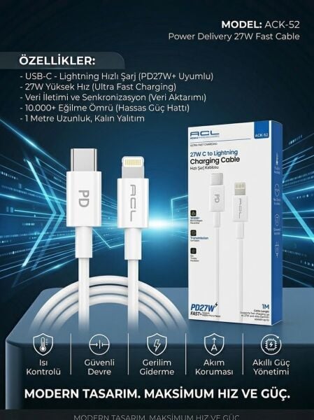 ACL ACK-52: 27W PD Hızlı Şarj USB-C to Lightning Kablo  - Lisinya