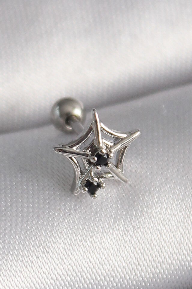 316L Çelik Gümüş Renk Siyah Zirkon Taş Detay Örümcek Ağ Model Tragus Piercing - Lisinya