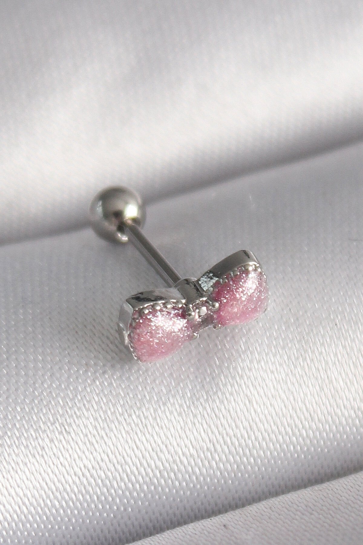 316L Çelik Gümüş Renk Pembe Kurdele Zirkon Taş Detay Tragus Piercing - Lisinya