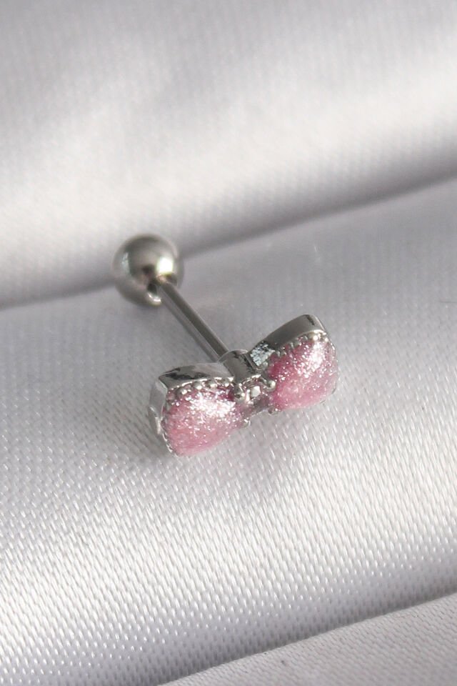 316L Çelik Gümüş Renk Pembe Kurdele Zirkon Taş Detay Tragus Piercing - Lisinya