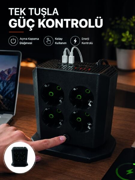 Akım Korumalı 8'li Dikey Priz 4 USB 2 Type-C Hızlı Şarj Destekli Çoklu Priz - Lisinya