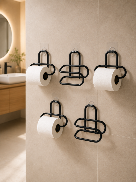 Delmeden Monte Tuvalet Kağıdı Askısı Siyah Metal Yapışkanlı Banyo Kağıtlığı 5’li Set - Lisinya