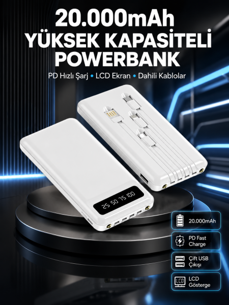 Akıllı LCD Ekranlı 20.000mAh Powerbank PD + USB + Type-C Yeni Nesil - Lisinya