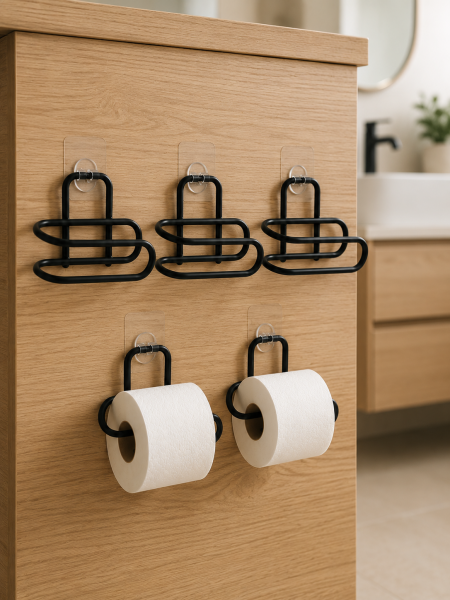Siyah Metal Tuvalet Kağıdı Tutucu 5’li Set Yapışkanlı Duvar Tipi Banyo WC Askısı - Lisinya