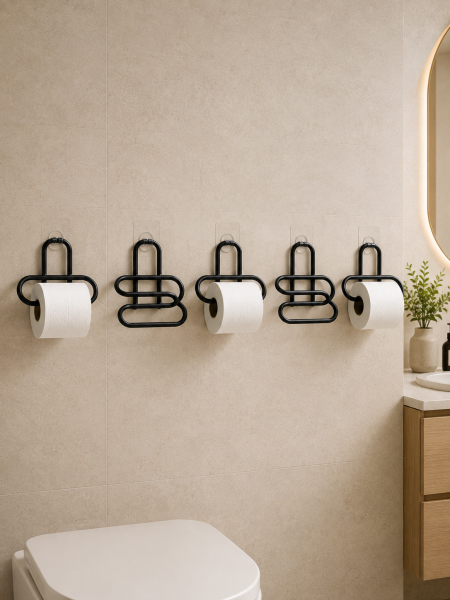 Siyah Metal Tuvalet Kağıdı Tutucu 5’li Set Yapışkanlı Duvar Tipi Banyo WC Askısı - Lisinya