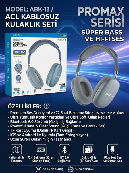 ACL ABK-13 Promax Kablosuz Bluetooth 6.0 Kulak Üstü Kulaklık - Lisinya