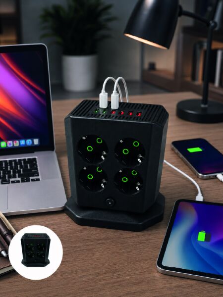 8'li Dikey Çoklu Priz 4 USB 2 Type-C Akım Korumalı Anahtarlı Priz - Lisinya