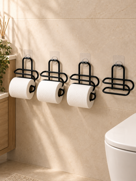 Siyah Metal WC Kağıtlık Yapışkanlı Duvar Tipi Tuvalet Kağıdı Tutucu Seti 4 Adet - Lisinya