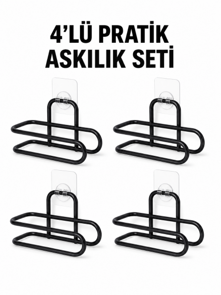 Siyah Metal WC Kağıtlık Yapışkanlı Duvar Tipi Tuvalet Kağıdı Tutucu Seti 4 Adet - Lisinya