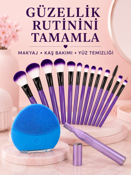 Kadın Güzellik Seti 12’li Mor Makyaj Fırçası Kaş Düzeltici ve Silikon Yüz Temizleme Cihazı Cilt Bakım Seti - Lisinya
