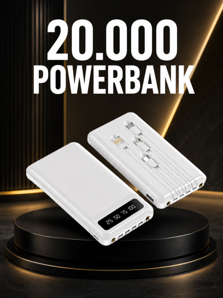 20.000mAh PD Powerbank LED Işık LCD Ekran Dahili Kablo Çoklu Giriş Yeni Nesil - Lisinya