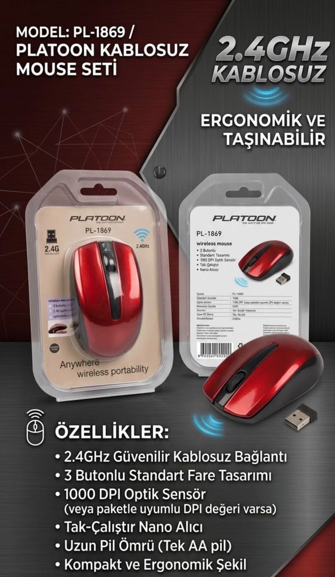 Platoon PL-1869 Kablosuz Mouse (2.4GHz Güvenilir Bağlantı & Kırmızı-Siyah) - Lisinya
