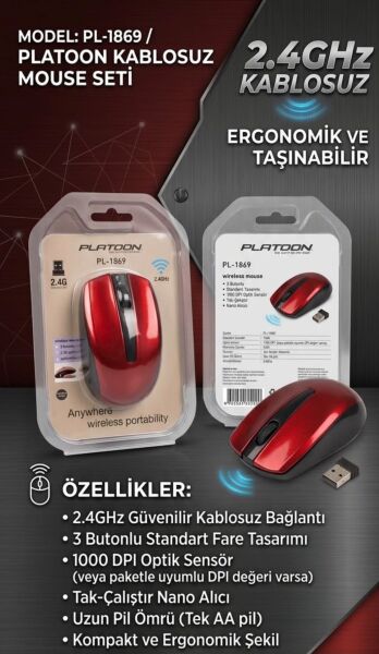 Platoon PL-1869 Kablosuz Mouse (2.4GHz Güvenilir Bağlantı & Kırmızı-Siyah) - Lisinya