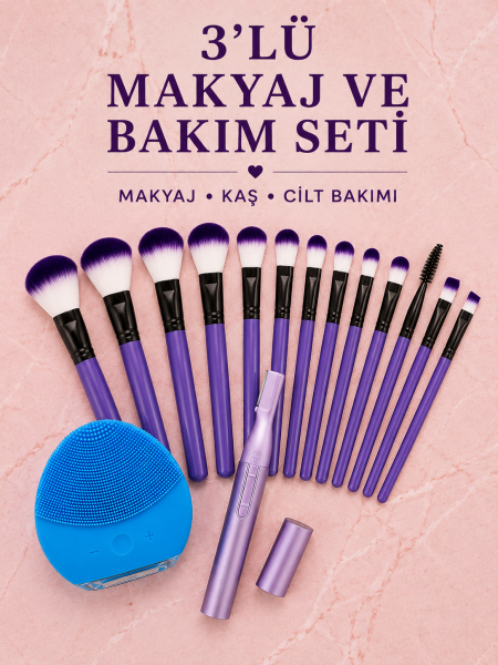 3’lü Makyaj ve Cilt Bakım Seti 12 Parça Makyaj Fırçası Kaş Alma Düzeltme ve Silikon Yüz Temizleme Cihazı - Lisinya