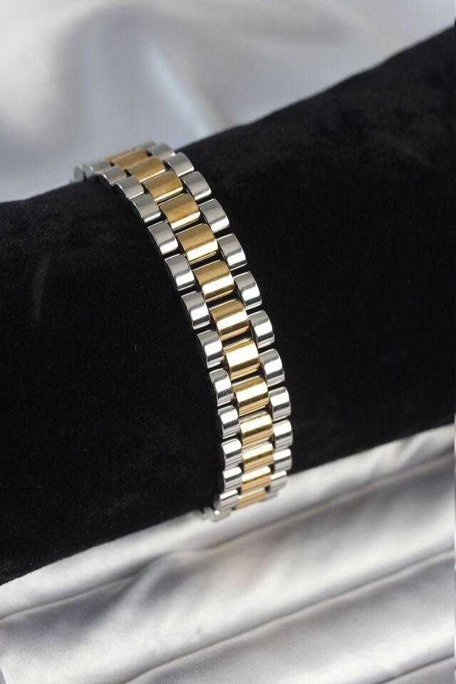 316L Çelik Gold ve Gümüş Renk 12 mm Kalınlık Erkek Bileklik - Lisinya