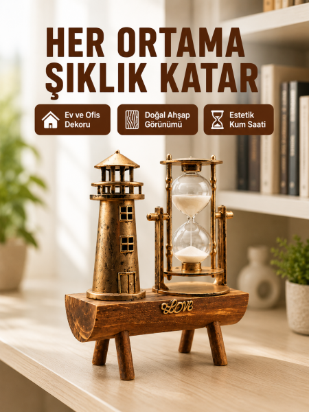 Ahşap Kum Saati ve Deniz Feneri Figürü Bir Arada  Ev Ofis Dekorasyonu Yeni Nesil